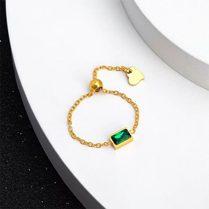 New Fashion Stainless Steel Chain Adjustable Green Zircon Rings Women Rings Fade Free Jewelry